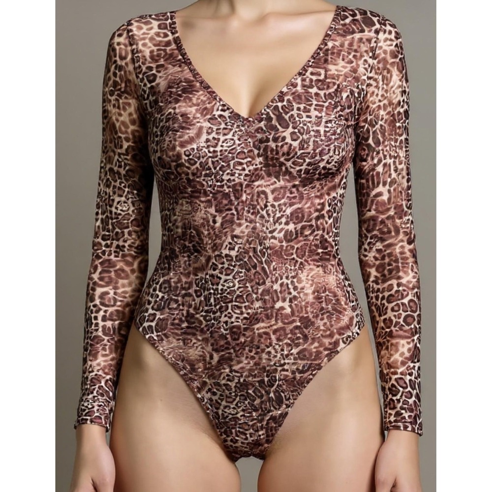 Princess Polly Bodysuit Womens US 8 Brown Leopard Mesh Long Sleeve V Neck Lined